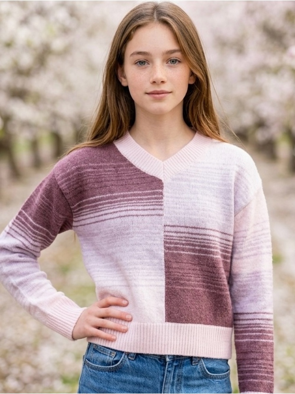 OshKosh B'gosh Girls 14 Pink Purple Ombre V-Neck Soft Cozy Fall Top Sweater